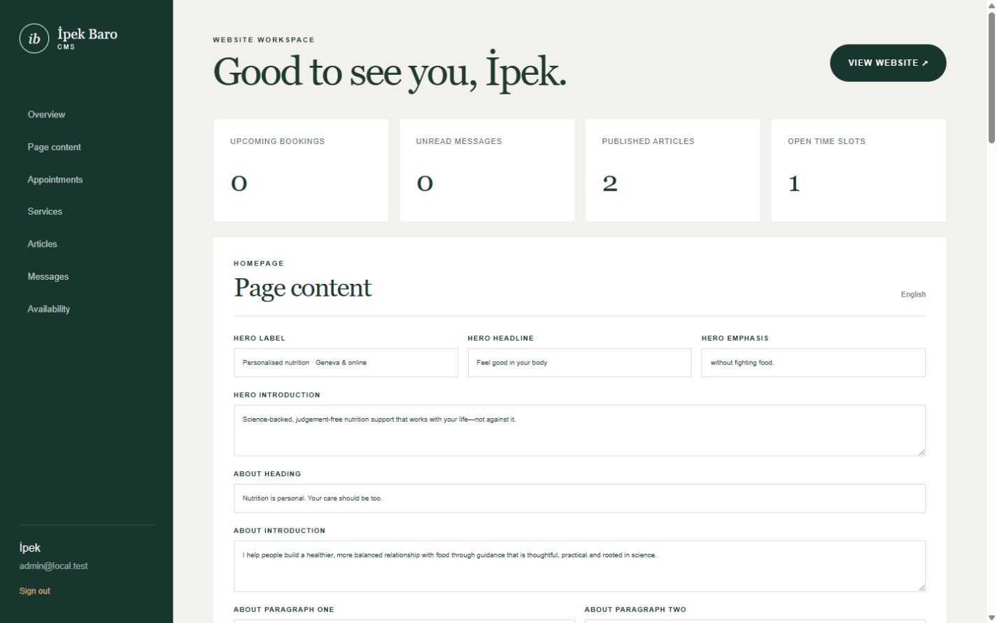 Private content and appointment management CMS