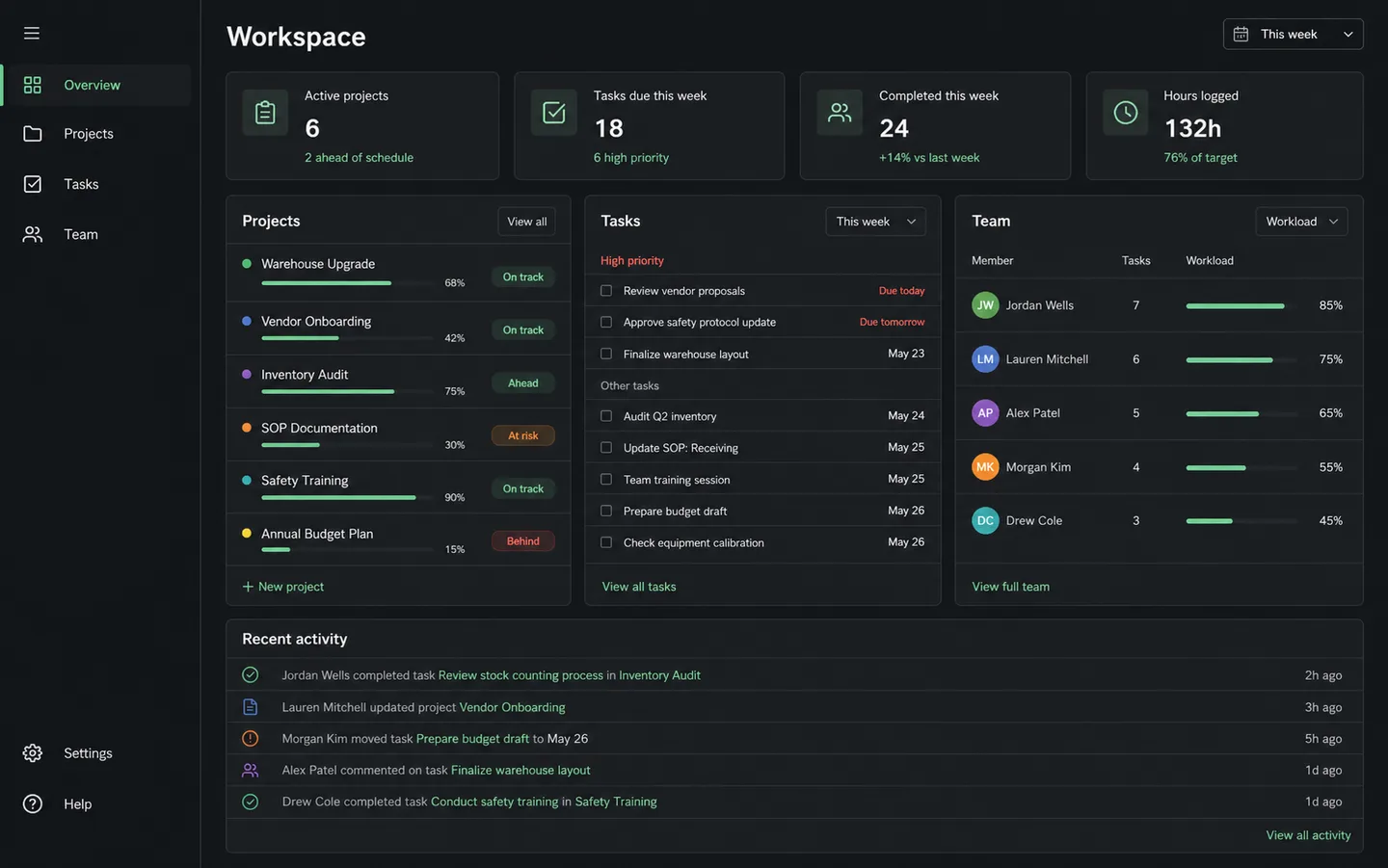 Task tracker workspace overview with projects and team workload