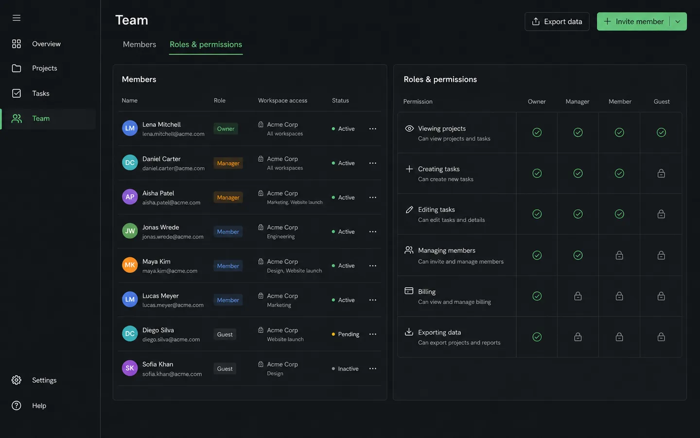 Team roles and permissions management matrix